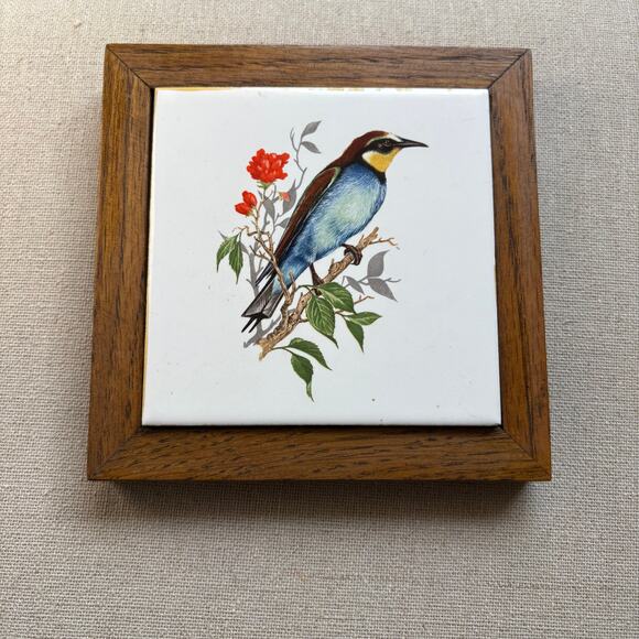 Vtg Ceramic Trivet Wall Hanging Tile Bird on Branch Wood Frame Square 5.5" - Picture 5 of 7